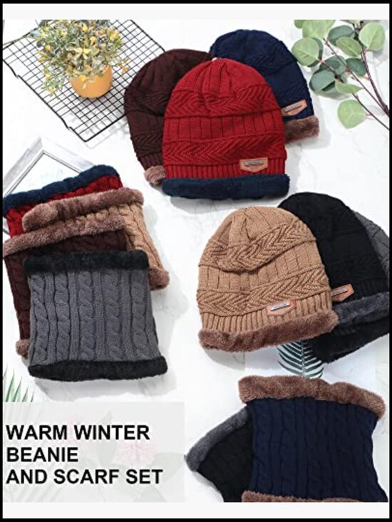 6-Piece Winter Beanie and Neck Warmer Set, Fleece Lined, Unisex Outdoor Hat main image 6